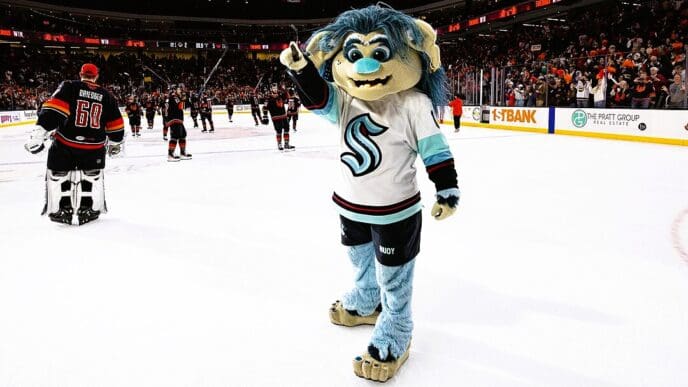 Seattle Kraken mascot Buoy at a Coachella Valley Firebirds game