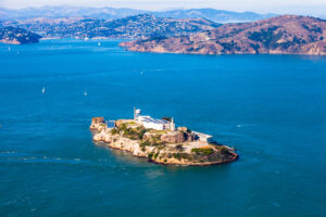 Aerial view of Alcatraz island in the San Francisco Bay.