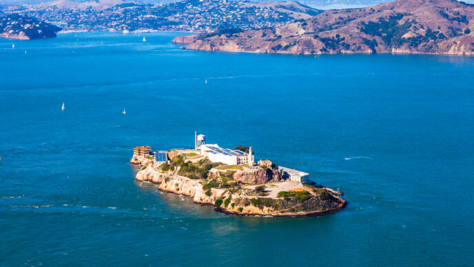 Aerial view of Alcatraz island in the San Francisco Bay.