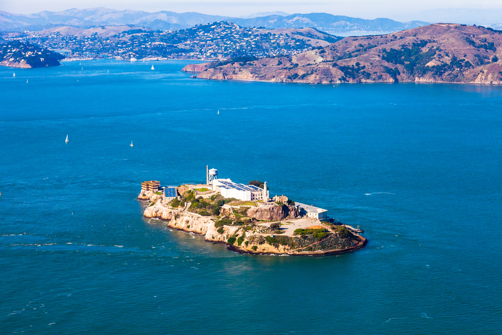 Aerial view of Alcatraz island in the San Francisco Bay.
