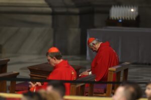 Cardinale Matteo Maria Zuppi. Fifth day of Novendiali, Cardinal Leonardo Sandri celebrates the mass in suffrage for Pope Francis in altar of St. Peter, awaiting conclave