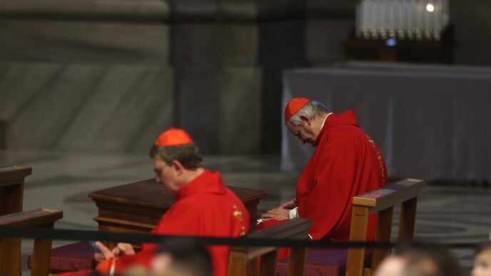 Cardinale Matteo Maria Zuppi. Fifth day of Novendiali, Cardinal Leonardo Sandri celebrates the mass in suffrage for Pope Francis in altar of St. Peter, awaiting conclave