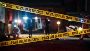 Crime Scene Investigation Team Working on a Murder. Female Police Officer Briefing Detective on the Victim's Body