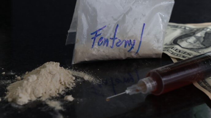 Dollar bills and a fentanyl powder pack with a syringe in a dark place showing the addiction of drugs