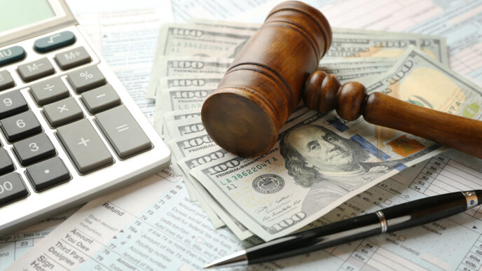 Judge's gavel and dollar banknotes on income tax form background.