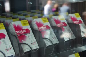 Littleton New Hampshire - April 9 2024 The first Naloxone vending machine in New Hampshire distributes doses of Naloxone, best known by the brand name Narcan