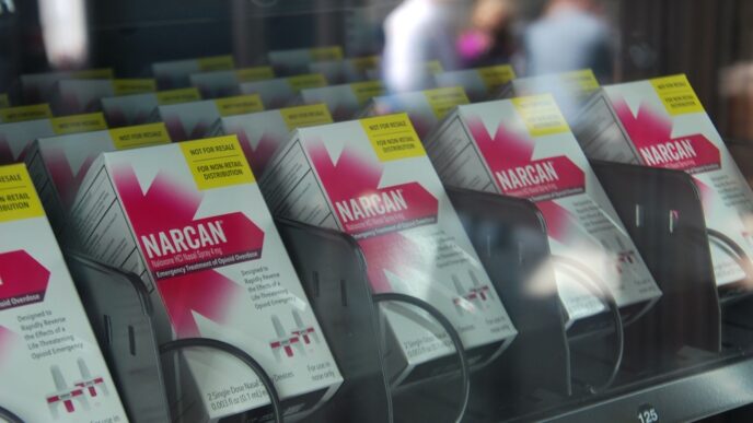 Littleton New Hampshire - April 9 2024 The first Naloxone vending machine in New Hampshire distributes doses of Naloxone, best known by the brand name Narcan