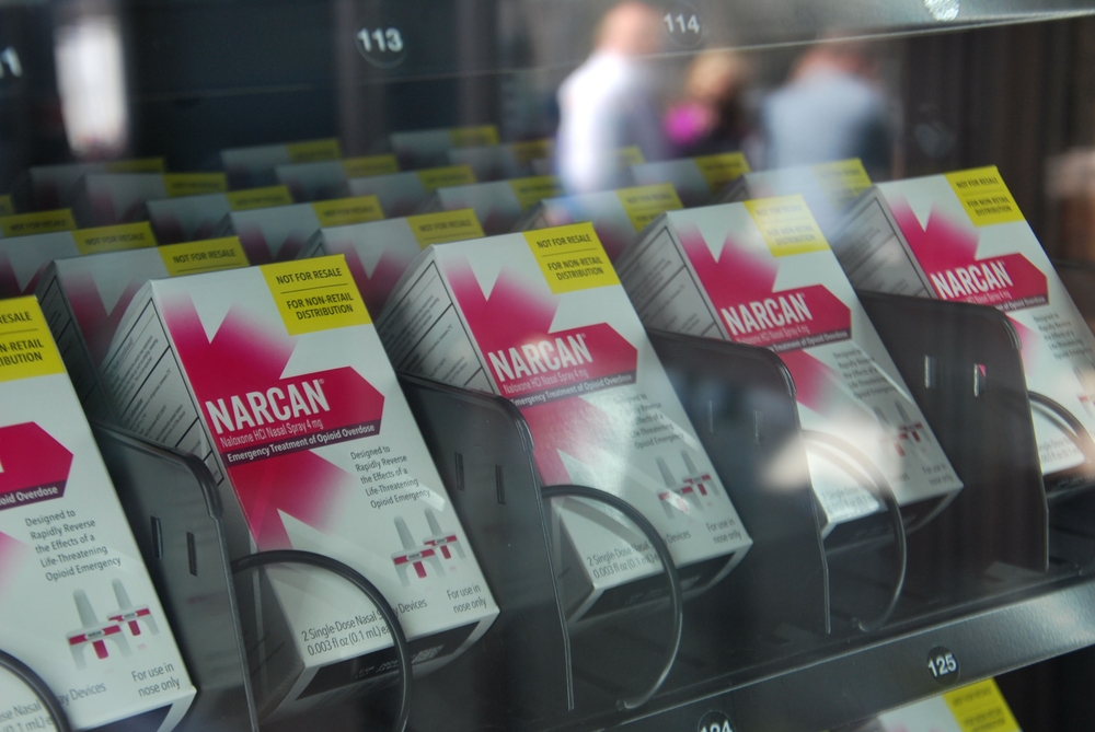 Littleton New Hampshire - April 9 2024 The first Naloxone vending machine in New Hampshire distributes doses of Naloxone, best known by the brand name Narcan