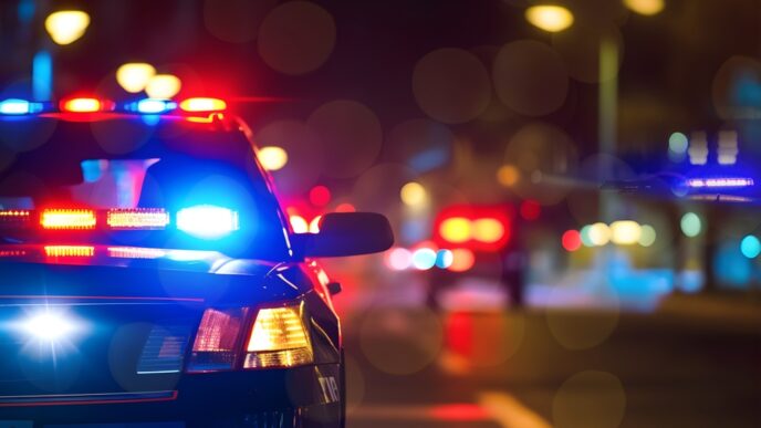 Police cars at night. Police car chasing a car at night. 911 Emergency response police car speeding to scene of crime. Selective focus on cars.