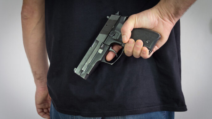 The man holding the gun in his hand behind his back. Illegal possession of weapons. By Shutterstock.com - Zoka74