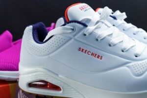 Tyumen, Russia-October 14, 2021 Sketchers shoes white Skechers is an American based footwear company.