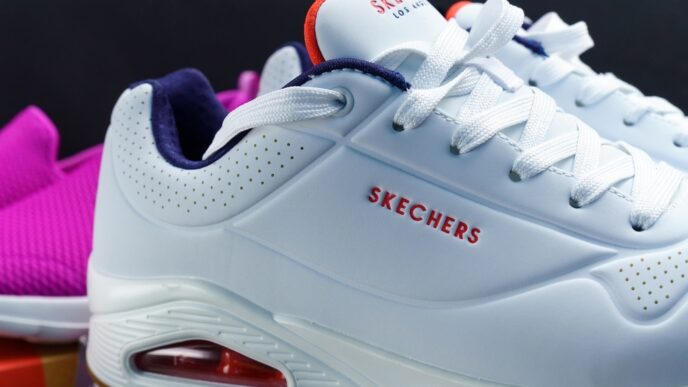 Tyumen, Russia-October 14, 2021 Sketchers shoes white Skechers is an American based footwear company.