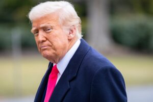 WASHINGTON – Feb 22, 2025. President Donald Trump arrives at the White House South Lawn on Marine One after his visit to CPAC.