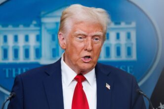 WASHINGTON – Jan 30 2025. President Donald Trump speaks at a White House press briefing after a Black Hawk helicopter collided with AA flight 5342 by DCA airport