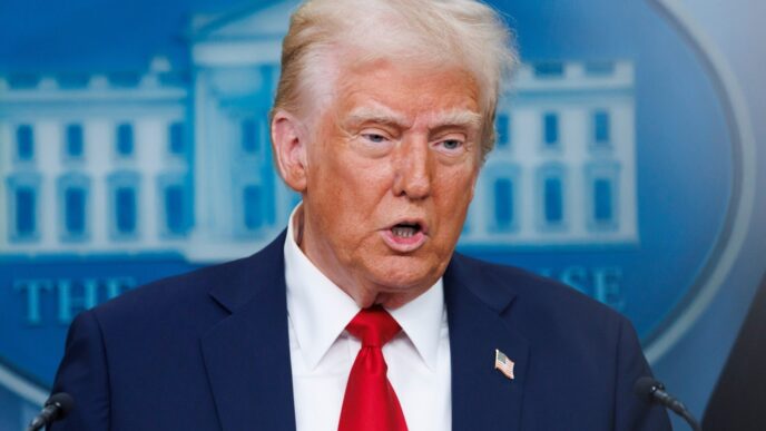 WASHINGTON – Jan 30 2025. President Donald Trump speaks at a White House press briefing after a Black Hawk helicopter collided with AA flight 5342 by DCA airport