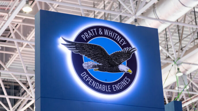 ZHUHAI, CHINA- NOVEMBER 7, 2018: PRATT & WHITNEY sign is seen during the 12th China International Aviation and Aerospace Exhibition, also known as Airshow China 2018.