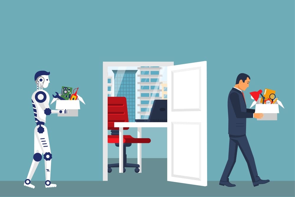 A vector illustration showing a humanoid robot carrying a box of tools walking towards an office, while a human businessman carrying a box of personal items walks away from the office through an open door, symbolizing job replacement by AI.