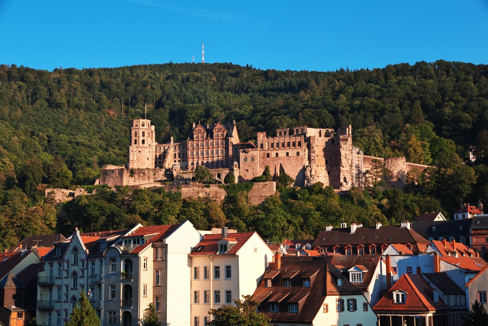 The imposing Heidelberg Castle, a large ruined reddish-brown stone structure, sits on a forested hill overlooking a cluster of traditional European houses with red roofs under a clear blue sky.
