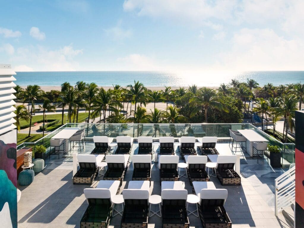 The rooftop pool and lounge area of the Park Central Hotel overlooking the beach