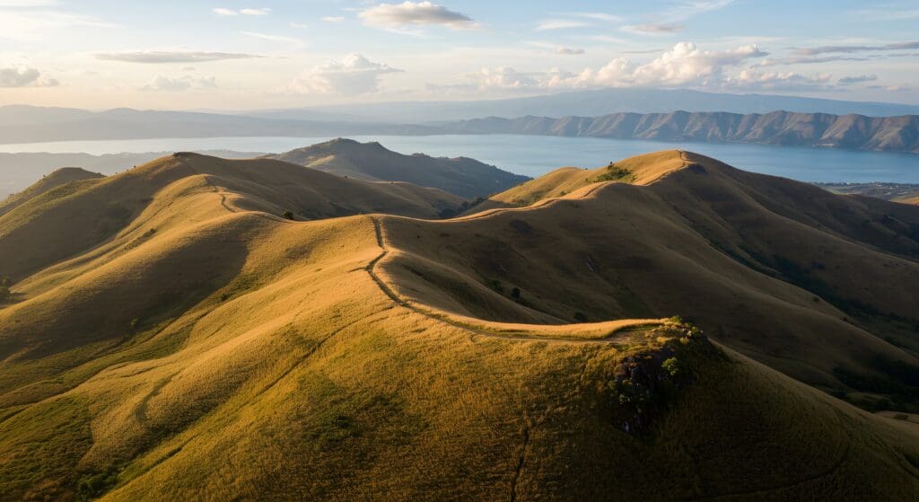 A winding path over the golden savanna hills of Bukit Holbung overlooking Lake Toba.
