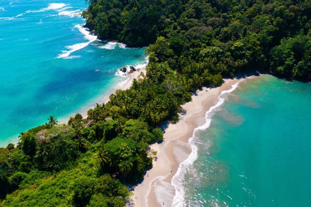 High aerial view of a pristine white sand beach fringed by dense, bright green tropical rainforest meeting turquoise and deep blue ocean water.