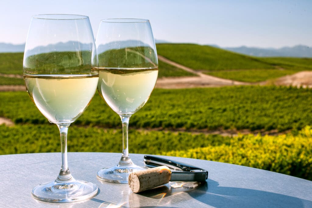 Two full glasses of white wine and a corkscrew with a cork sit on a table overlooking green vineyards on a sunny day.