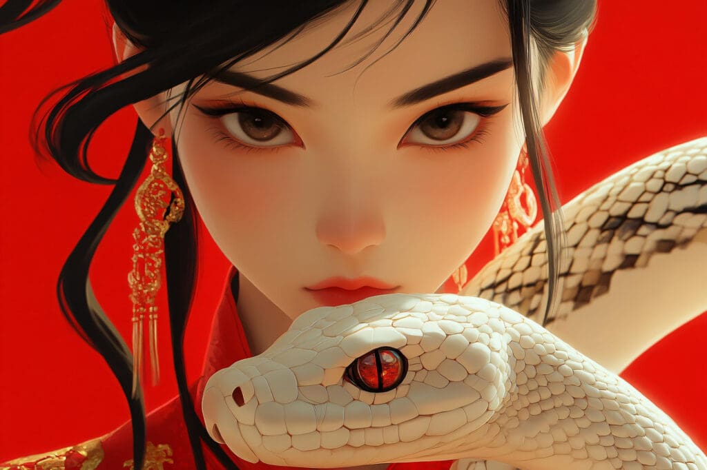 Animated woman with dark hair and large eyes holds a snake.