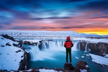 Godafoss waterfall sunset in winter, Iceland