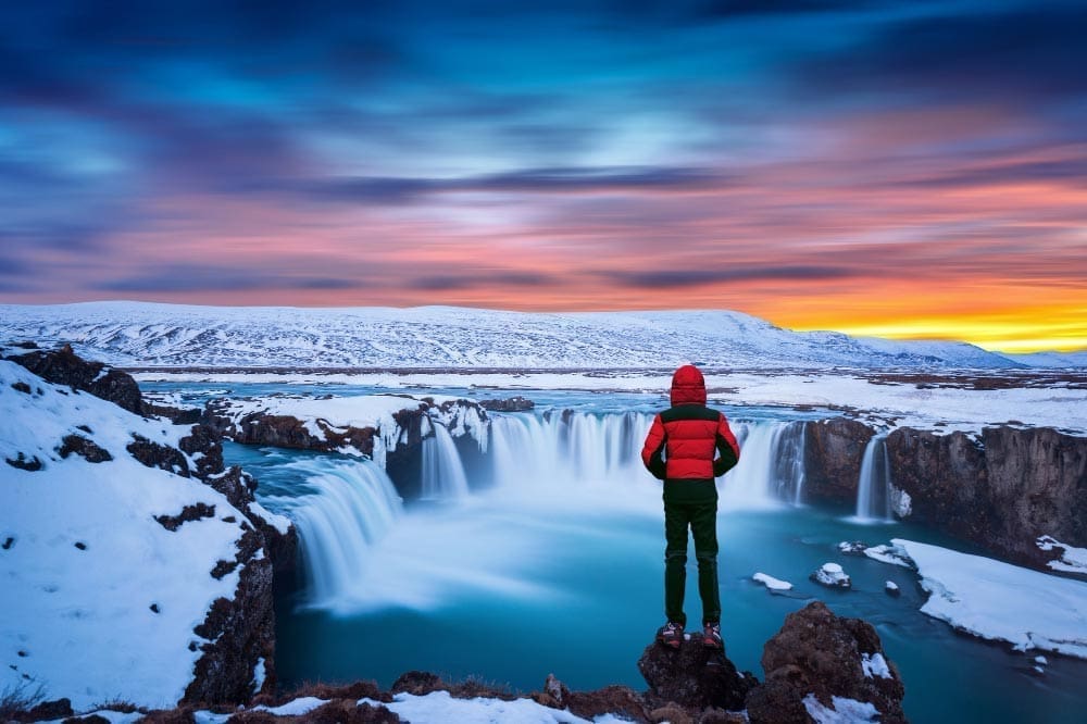 Godafoss waterfall sunset in winter, Iceland