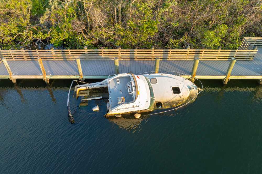 Capsized, sunken sailboat in the shallow waters of the bay after Hurricane Ian in Manasota, Florida